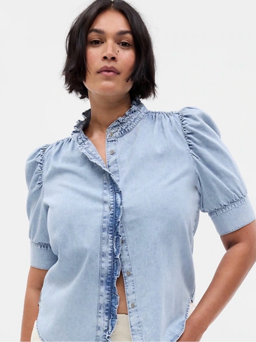 GAP Light Blue Denim Ruffle-Trim Puff Sleeve Shirt